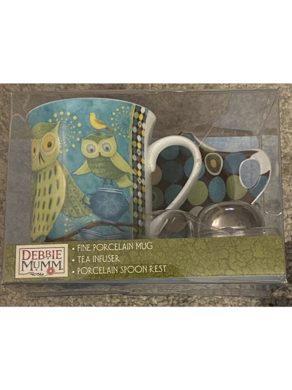 Debbie Mumm Porcelain Mug Gift Set With Owls. Brand New.